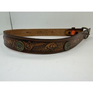 Dixie Genuine Leather Belt Wildlife Designs Shotgun Shell Buttons Hunting Sz 32
